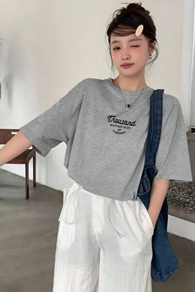 Pink Sky Γκρι Oversize Crew Neck Thousand Printed Unisex T-shirt