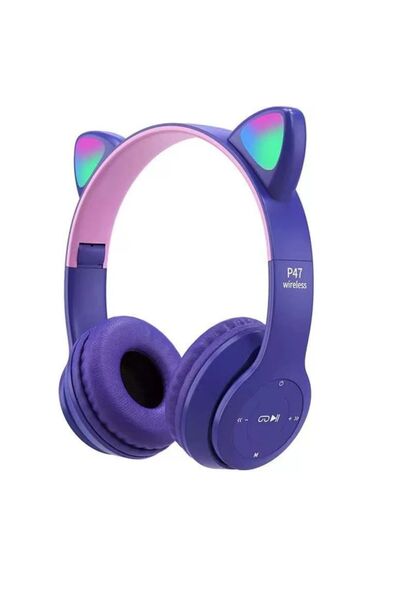 FİOPLUS Kedi Kulağı Bluetooth Kablosuz Kulaklık Rengarenk Işıklı Rgb Çocuk Oy...