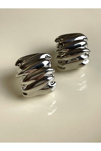 Poison Accessories Silver Colored Thick Steel Shirring - Half Hoop Earrings