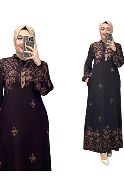 ZY BUTİK فستان فيسكوز بطبعة زهور على شكل طية صدر السترة - كم طويل، صيفي