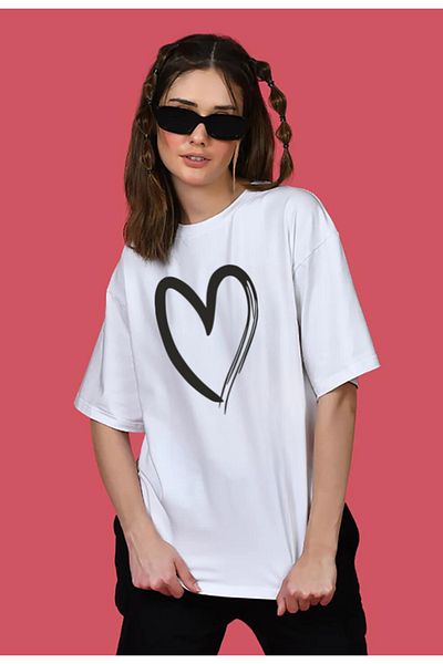 Pink Sky Tricou oversize din bumbac imprimat cu inimă