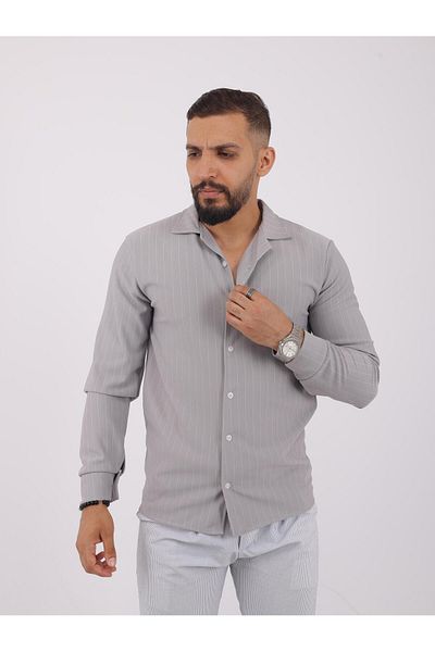 LUPERCUS Мъжка сива раирана жакардова риза Slim Fit - памук, полиестер, дълъг ръкав