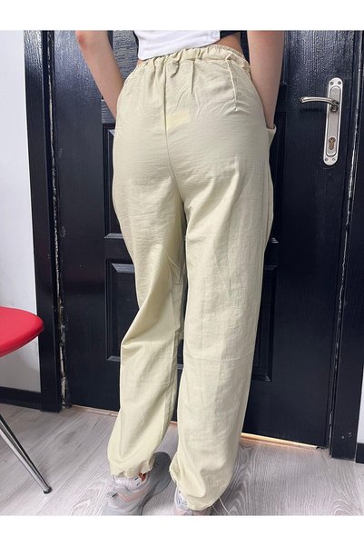 SERBA Pantaloni de damă de culoare bej, cu buzunare și talie elastică ajustabilă Pacasi