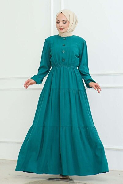 Genel Markalar Düğme Detaylı Kırınkıl Elbise ZÜMRÜT YEŞİLİ