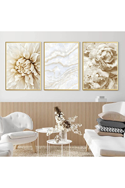 Linacci Üçlü Gold Metal Çerçeve Krem Çiçek Soft Cam Poster Tablo Seti