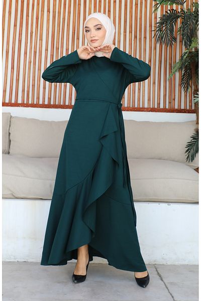 sefamerve Emerald Green Flounce Dress - Side Tie, 1907-02 Model