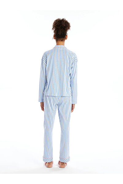 LC Waikiki Lcw Dream Ecru Women's Pajama Set - Shirt Collar, Striped, Long Sleeve