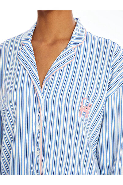 LC Waikiki Lcw Dream Ecru Women's Pajama Set - Shirt Collar, Striped, Long Sleeve