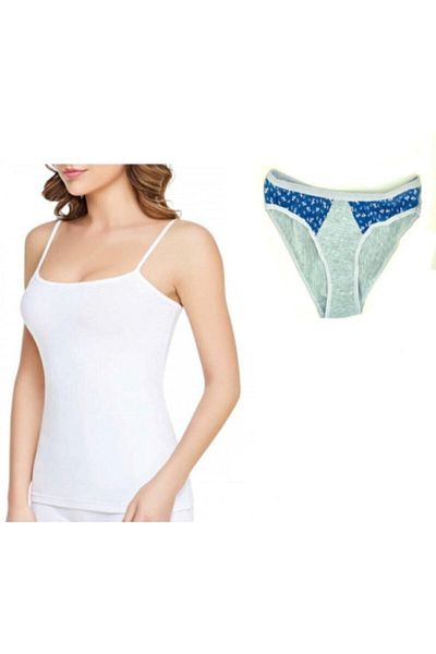 Tutku Women's White Cotton 3-Piece Ribbed Rope Strap Undershirt & Single Patterned Bikini