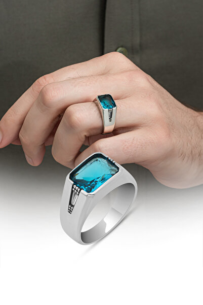 ALYANSEVİM Aqua Mavi Taşlı 925 Gümüş Erkek Yüzük