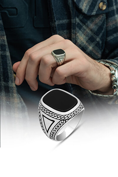 ALYANSEVİM Siyah Oniks Taşlı 925 Gümüş Erkek Yüzük