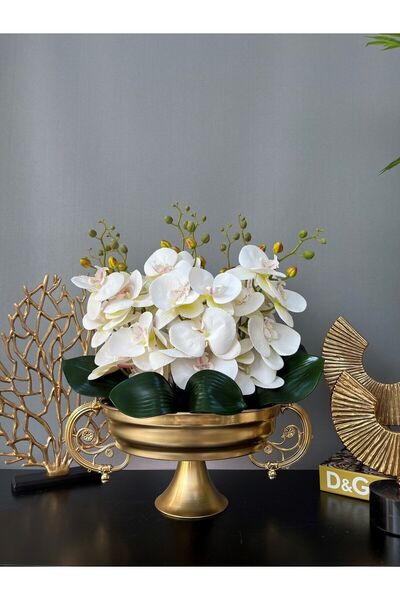 LİLOTEHOME YAPAY 8 DAL ISLAK ORKİDE ARANJMAN ZAMAK KULPLU GOLD RENK SAKSIDA