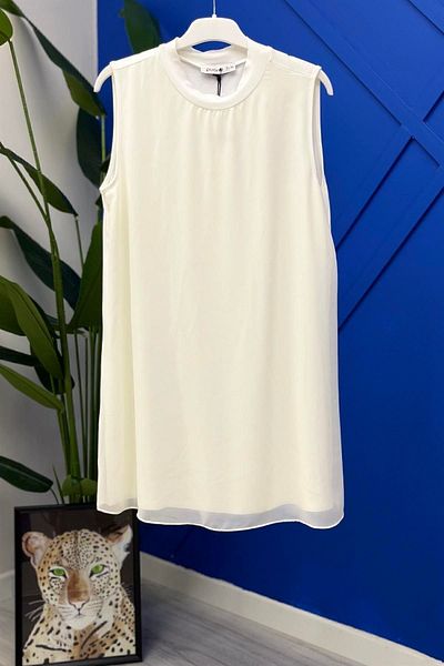 Puane Zero Sleeve Front Chiffon Detail Combed Cotton Underwear Tunic 10270 - Ecru