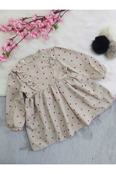 aden kids Bej Renk Uzun Kollu Kalp Baskılı Kız Çocuk Elbisesi