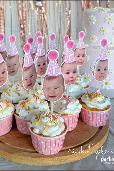 Partimugi Pembe Papatya Doğum Günü Fotoğraflı Cupcake Pasta Süsü 10 Adet