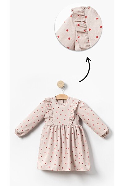 aden kids Bej Renk Uzun Kollu Kalp Baskılı Kız Çocuk Elbisesi