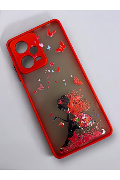 Merwish Redmi Note 12 Pro 5g Compatible Butterfly Woman Patterned Camera Protected Hux Tpu Silicone Red