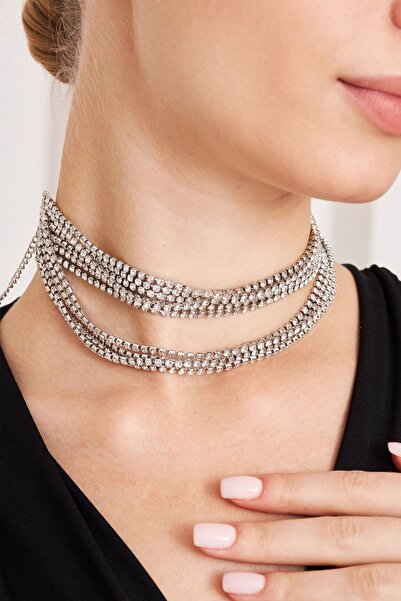 Furtek Aksesuar Kadın Salaş Gargantilla Model Kristal Zirkon Taşlı Gümüş Kapl...