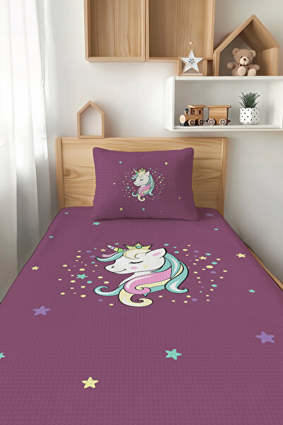 Talia Home طقم بيكيه فردي للأطفال بنمط وحيد القرن باللون الأرجواني TLAP-082