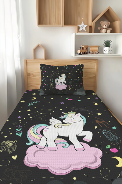 Talia Home طقم بيكيه فردي للأطفال بنمط وحيد القرن باللون الأسود TLAP-077