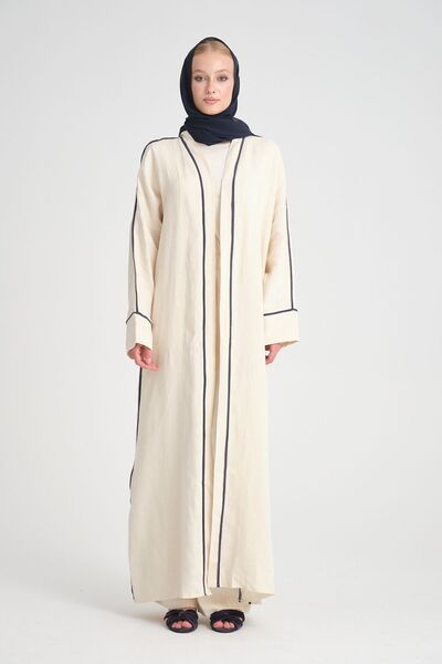 busrasdesign 3 Parça Kadın Tesettür Giyim Krem Naturel Keten Takım