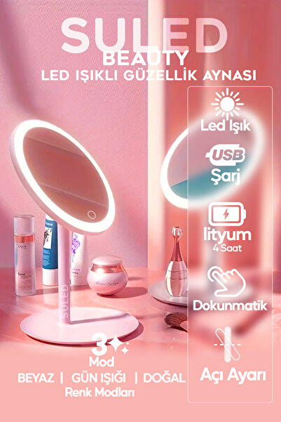 SULED Makyaj Aynası 3 Modlu Led Işıklı USB Şarjlı Yuvarlak Taşınabilir Açı Ayarlı Güzellik Aynası