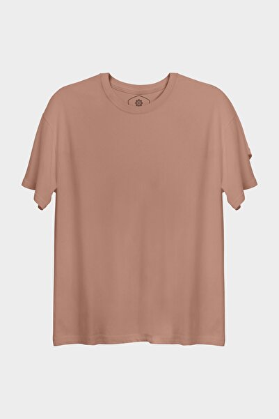 Flasa99 Unisex Oversize Bisiklet Yaka Şeftali Sade %100 Pamuk Tok Duruşlu Tişört