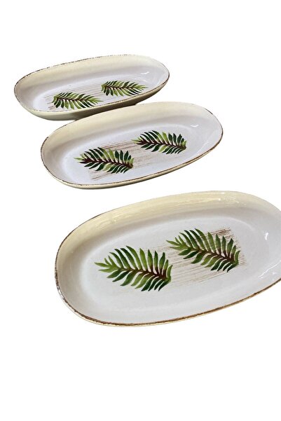 MTD SERAMİK 27 Cm Antique Leaf Patterned Boat Plate - 3 Pieces