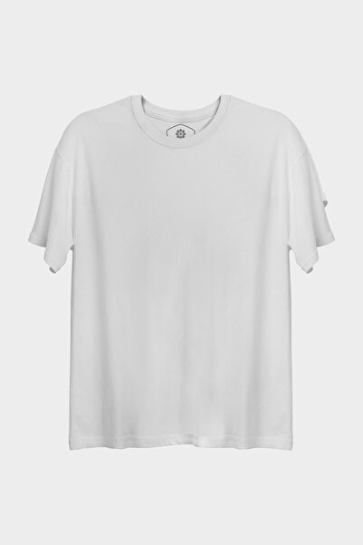 Unisex Oversize Bisiklet Yaka Beyaz Sade %100 Pamuk Tok Duruşlu Tişört