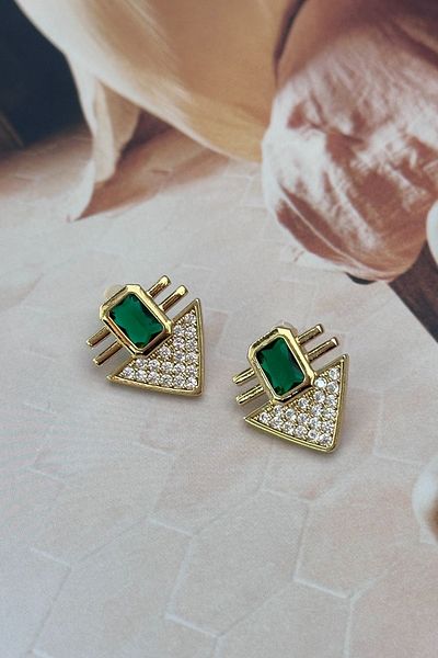 Trendy Butik Steel Green Stone Brand Earrings