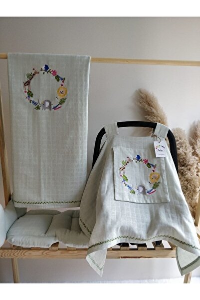 Raduga Collection Tek Katlı Müslin Nakışlı Puset Örtüsü+puset Minderi+ Çift K...