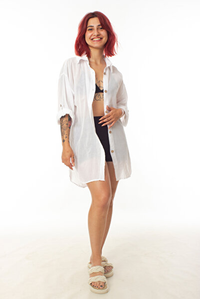 Burak Askeri Malzeme قميص فستان الشاطئ بأكمام طويلة وطبعة زهرة الحياة