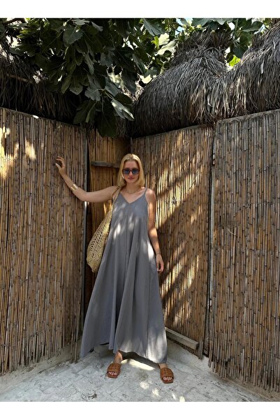 FİOXCO فستان Aerobin باللون الرمادي البوهيمي - حزام حبل قابل للتعديل، فضفاض ب...