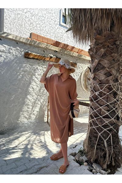 FİOXCO Tan Raw Linen Women's Dress with Polo Collar and Side Slits