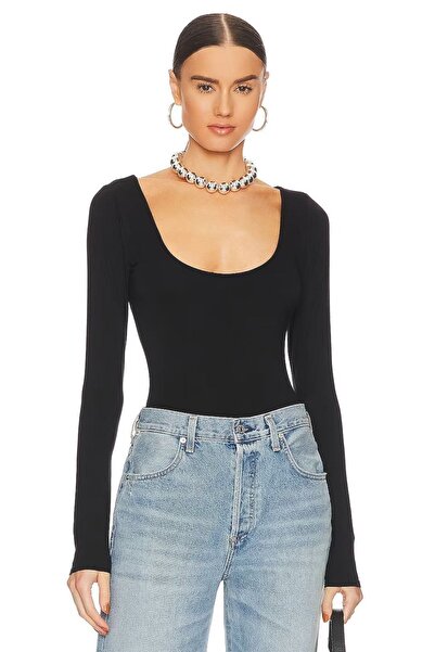 PERLAVİSTA Kadın Siyah Uzun Kol U Yaka Ipek Jarse Bodysuit