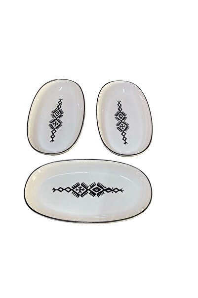MTD SERAMİK 27 Cm Ethnic Patterned Deep Boat Plate - 3 Pieces
