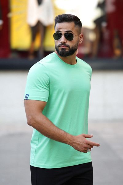 TOMMY LIFE Men's Short Sleeve Standard Pattern 0 Collar Basic T-Shirt 87911 Water Green