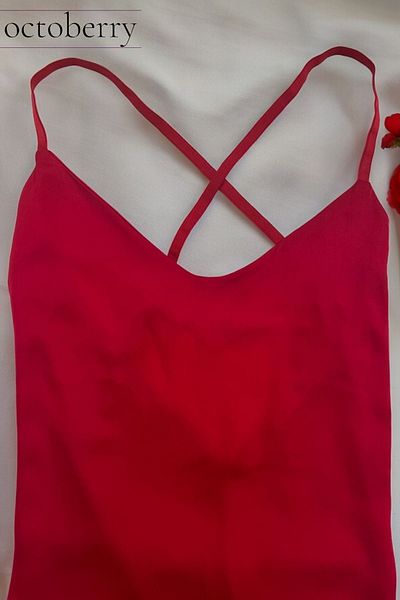 Octoberry Short Red Satin Nightgown - Open Back and Low Cut Chest