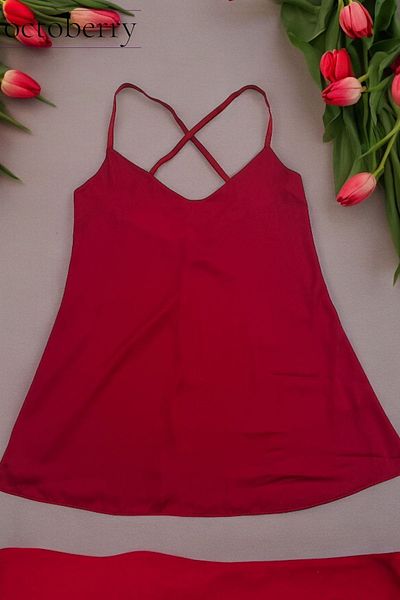 Octoberry Short Red Satin Nightgown - Open Back and Low Cut Chest