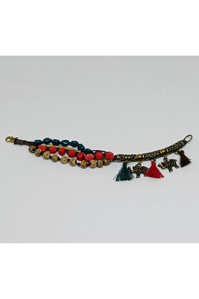mama india alaçatı Ethnic Design Authentic Bohemian Bracelet with Elephant Symbol and Tassels Length 19 cm No:2