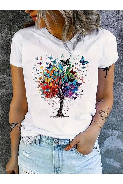 Pink Sky Plus Size Butterfly Printed Women's T-shirt