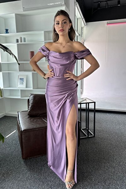 İyem Abiye Omuz Ve Sırt Detaylı Örme Saten Düz Abiye Elbise