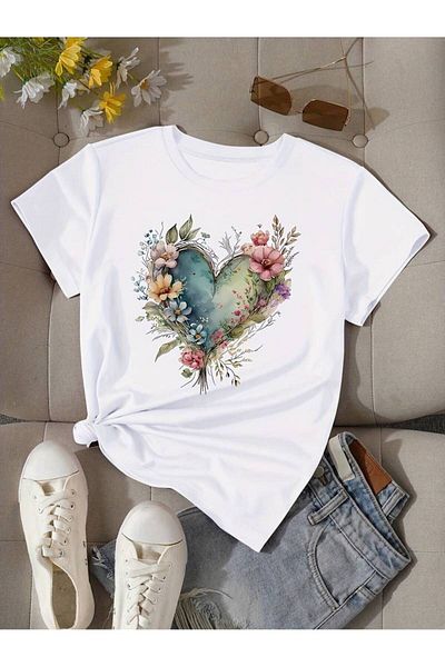 Pink Sky Μπλουζάκι με μοτίβο καρδιάς Crew Neck Plus Size
