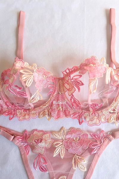 Rubuvi Bralet din dantelă cu imprimeu floral roz - Set de chiloți și lenjerie sexy