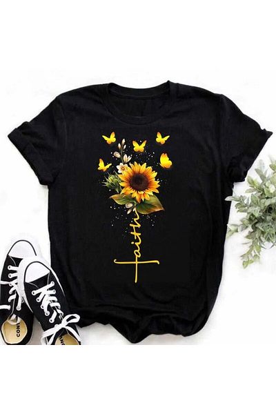 Pink Sky Comfortable Kawaii Sunflower Butterfly Patterned T-shirt