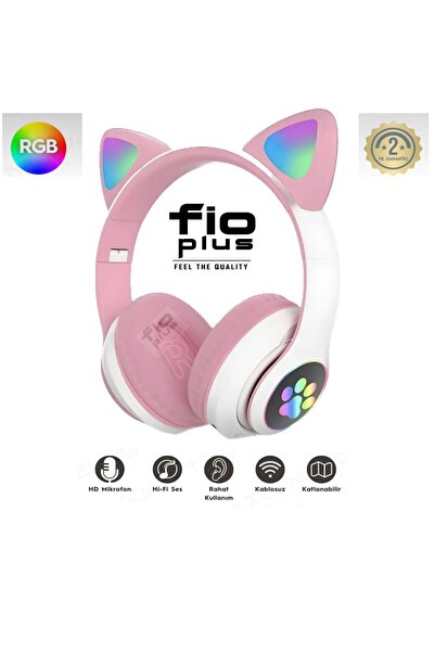 FİOPLUS Kablosuz Bluetooth 5.0 Led Işıklı Kedili Kulaklık Hediye ios Android ...
