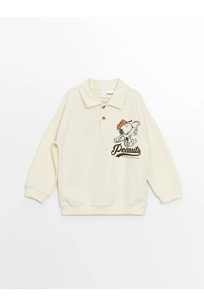 LC Waikiki Light Beige Polo Collar Long Sleeve Snoopy Printed Sweatshirt for Baby Boy