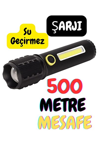 harry 500 Metre Mesafe Su Geçirmez Metal Kasa El Feneri,Şarjlı ve Pil Destekl...