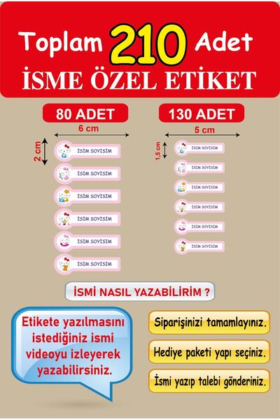 cabuk baskı 210 Adet Hello Kitty Okul Etiketi Kalem Etiketi Defter Etiketi Kitap Etiketi Kişiye Özel İsim