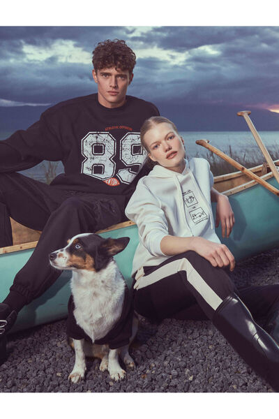 Koton Kapüşonlu Köpek Sweatshirt Fermuarlı Baskılı Şardonlu Antibakteriyel Kumaş